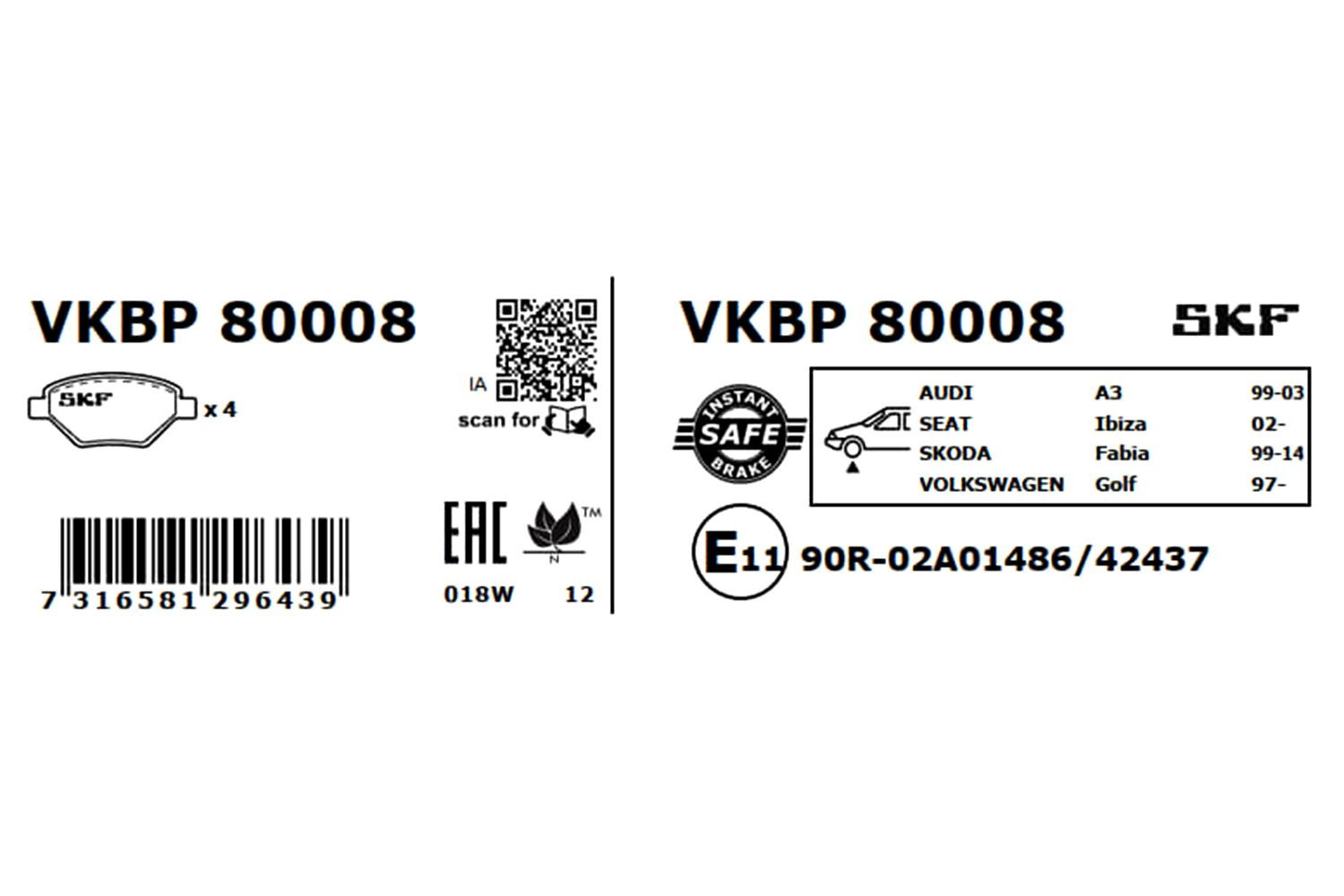 Купити VKBP80008 SKF Колодки гальмівні передні, дискові