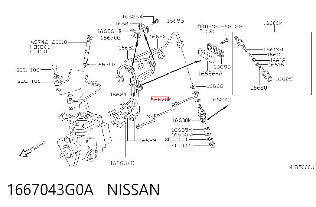 1667043G0A Nissan/Infiniti Трубка паливна, зворотня від форсунок