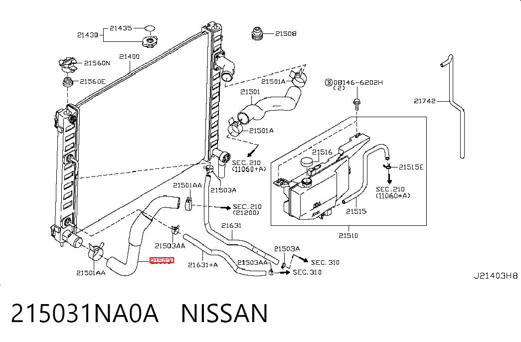 215031NA0A Nissan/Infiniti Шланг/патрубок радіатора охолодження, нижній