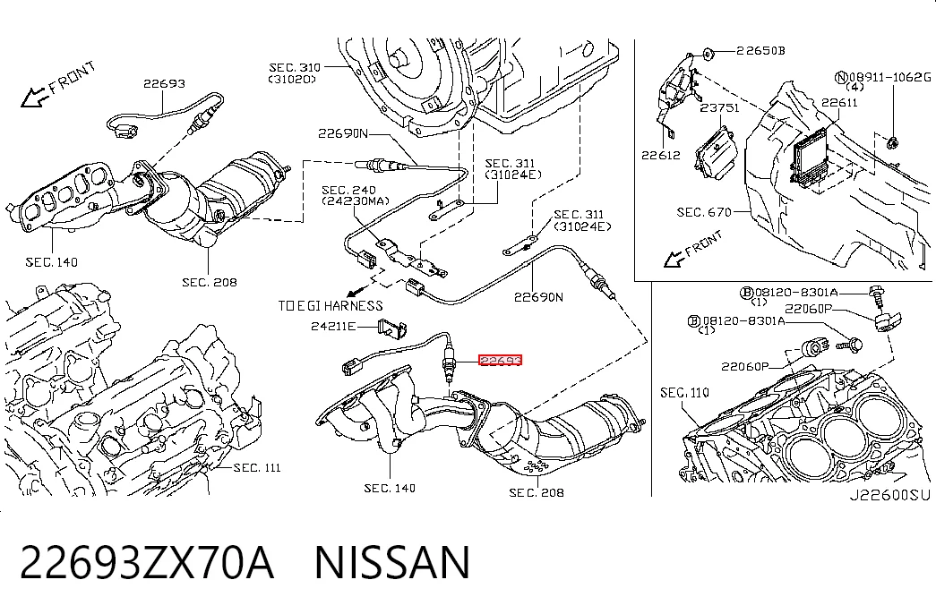 22693ZX70A Nissan/Infiniti Лямбдазонд, датчик кисню до каталізатора