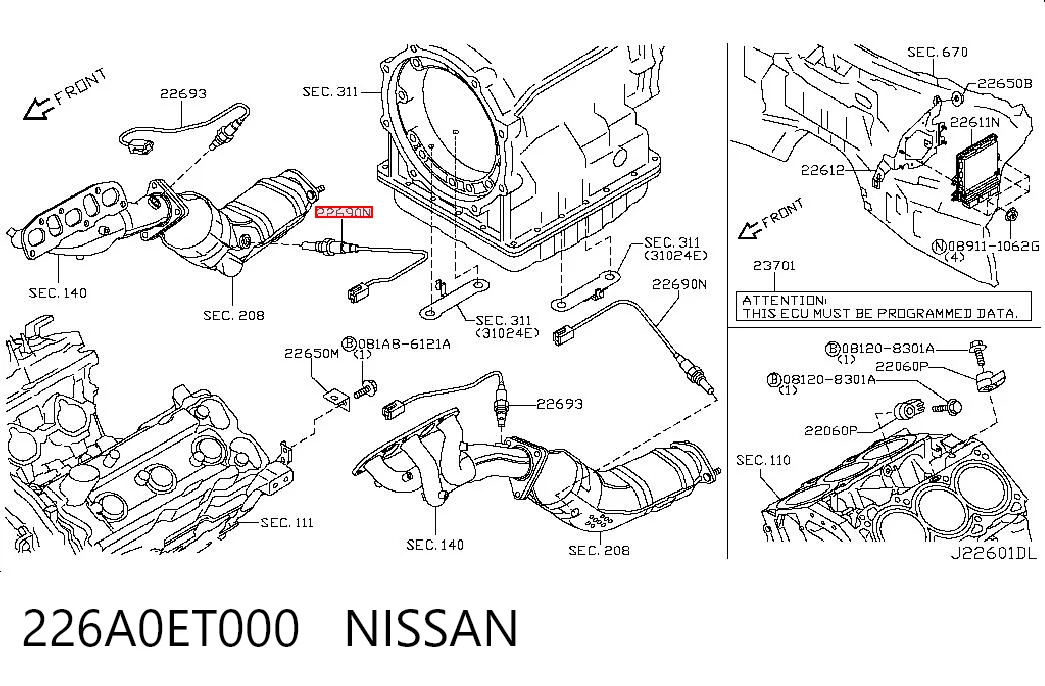 226A0ET000 Nissan/Infiniti Лямбда-зонд, датчик кисню після каталізатора