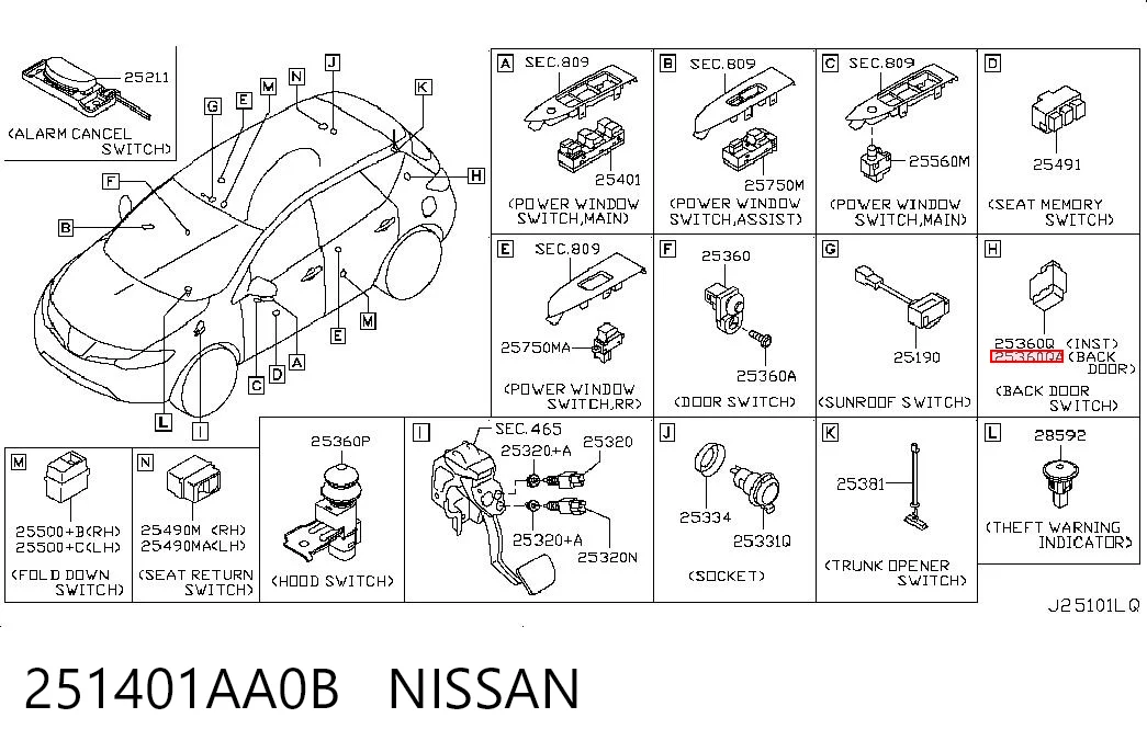 251401AA0B Nissan/Infiniti Кнопка салону приводу замка 3/5 дверей (ляди) / кришки багажника