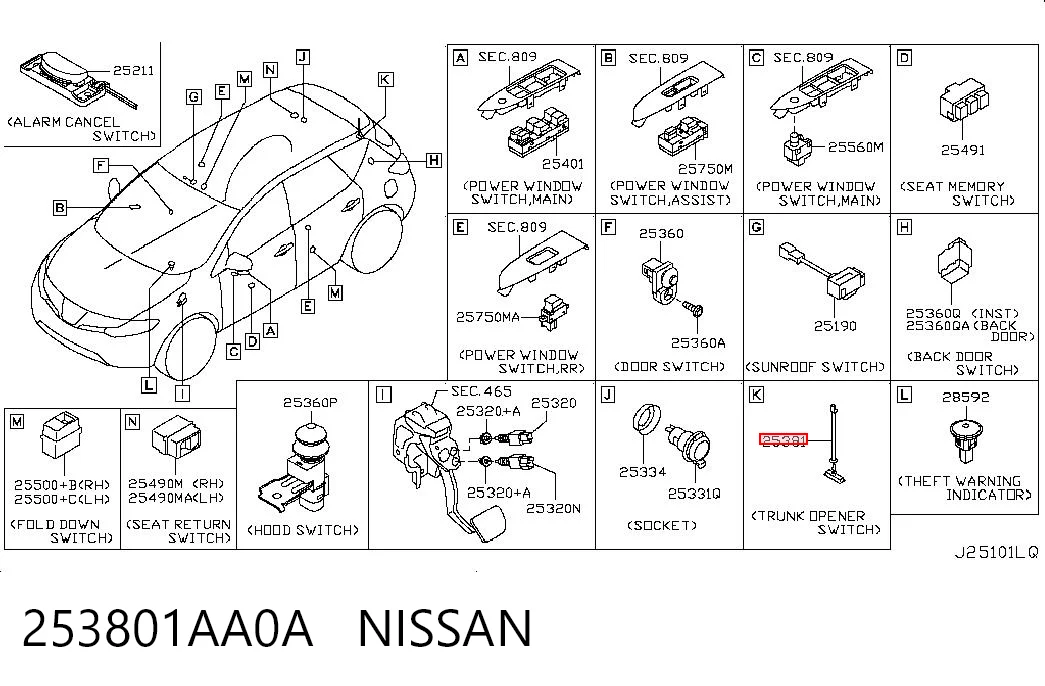 253801AA0A Nissan/Infiniti Кнопковий блок керування склопідіймачами передній правий