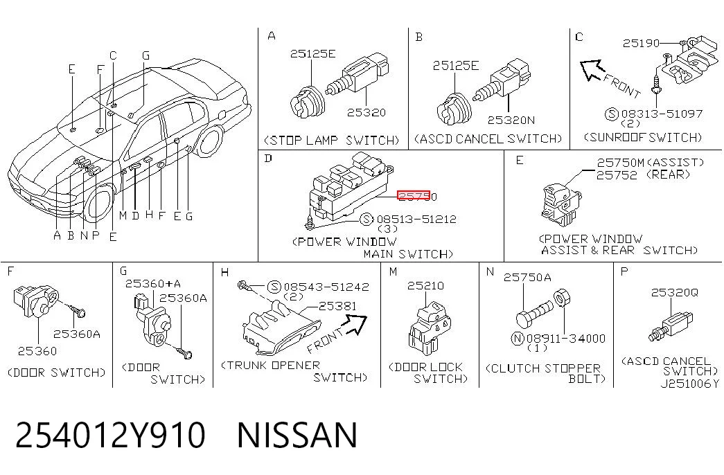 254012Y910 Nissan/Infiniti Кнопки переднього лівого склопід'ємника