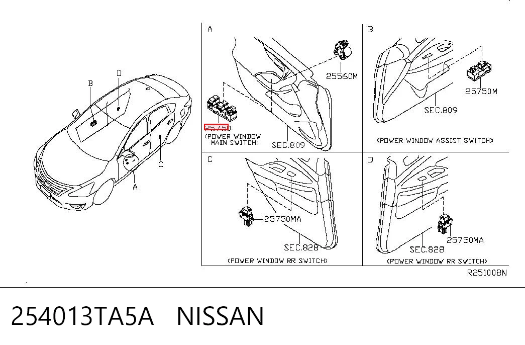 254013TA5A Nissan/Infiniti Кнопки переднього лівого склопід'ємника