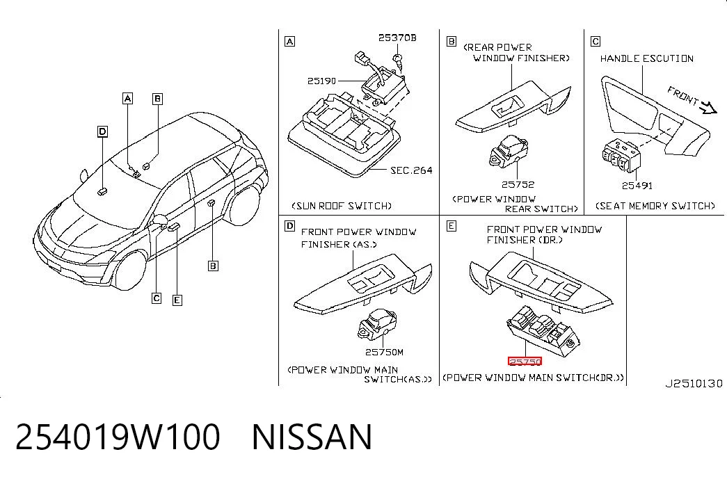 254019W100 Nissan/Infiniti Кнопки переднього лівого склопід'ємника