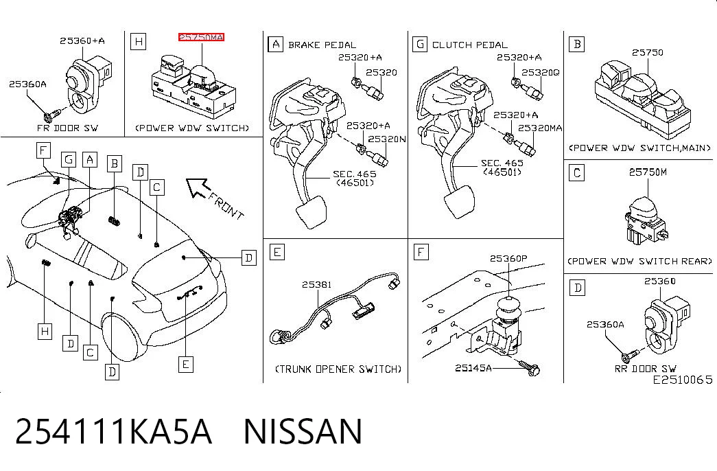 254111KA5A Nissan/Infiniti Кнопка підйомника переднього правого скла