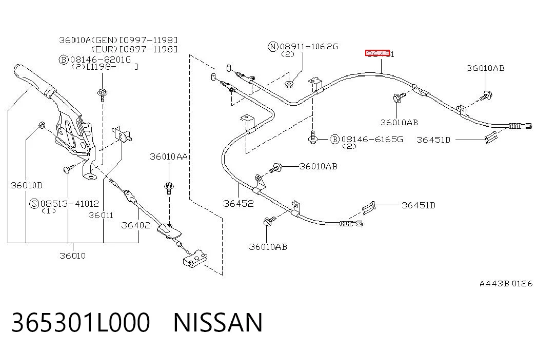 365301L000 Nissan/Infiniti Трос ручного гальма задній, правий