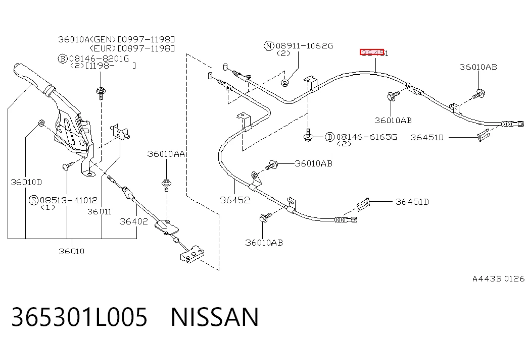 365301L005 Nissan/Infiniti Трос ручного гальма задній, правий