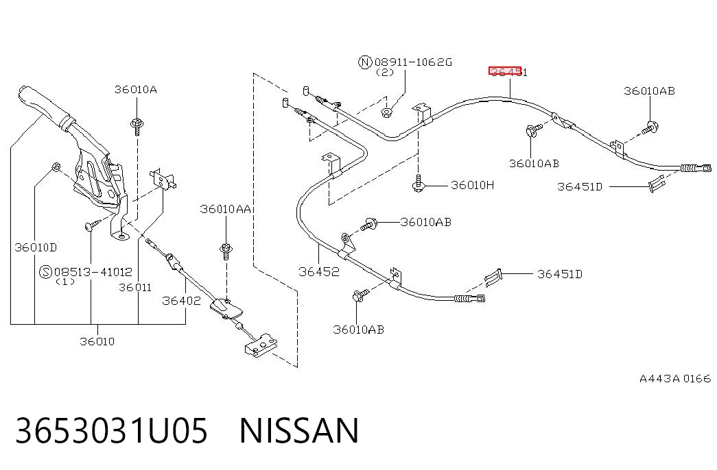 3653031U05 Nissan/Infiniti Трос ручного гальма задній, правий