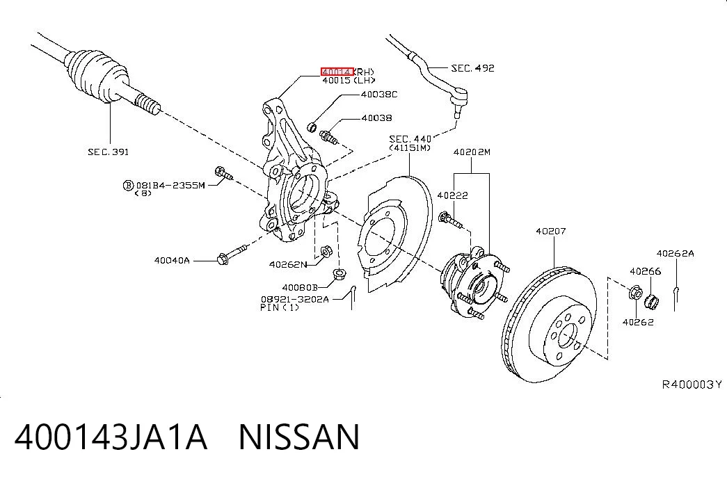 400143JA1A Nissan/Infiniti Цапфа - поворотний кулак передній, правий