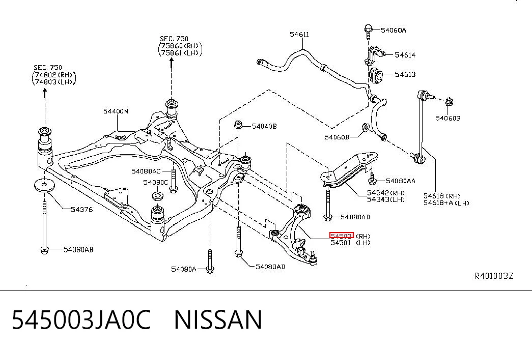 545003JA0C Nissan/Infiniti Важіль передньої підвіски нижній, правий