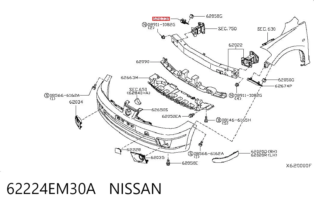 62224EM30A Nissan/Infiniti Кронштейн бампера переднього, правий