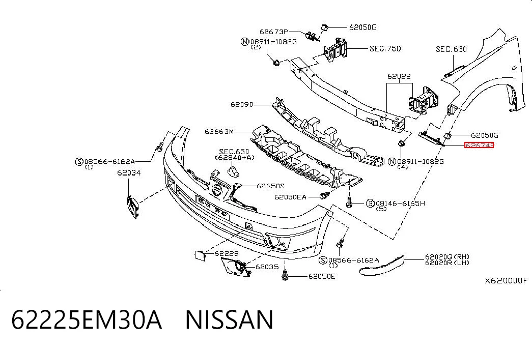62225EM30A Nissan/Infiniti Лівий кронштейн переднього бампера