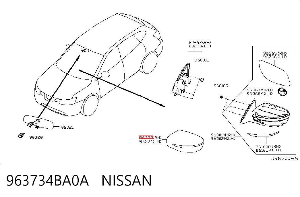 963734BA0A Nissan/Infiniti Накладка дзеркала заднього виду, права