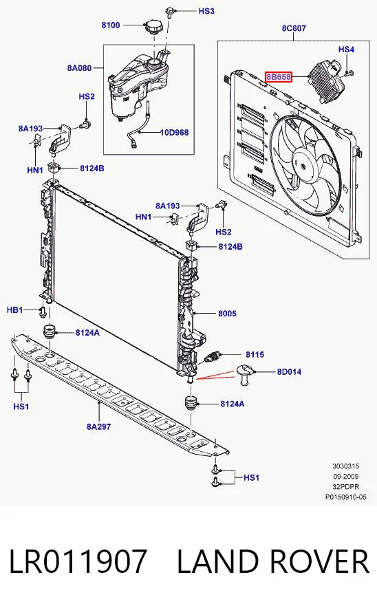 LR011907 Land Rover Дифузор радіатора охолодження, в зборі з мотором і крильчаткою