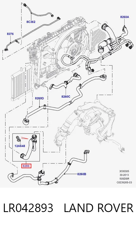 LR042893 Land Rover Шланг/патрубок радіатора охолодження, нижній