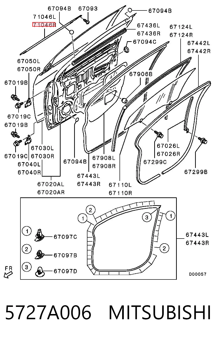 5727A006 Mitsubishi Ущільнювач скла передніх дверей правих, зовнішній (планка)