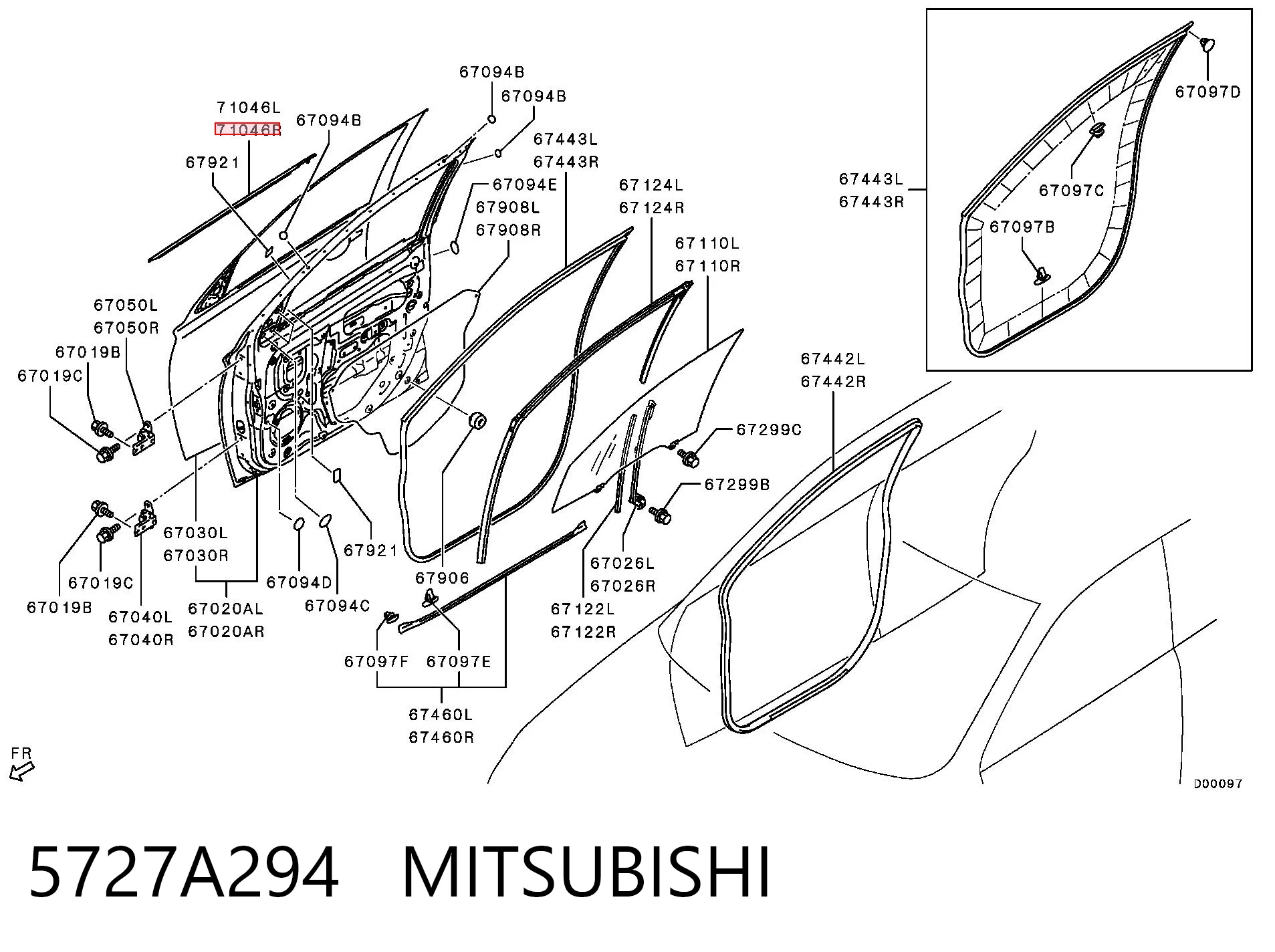 5727A294 Mitsubishi Ущільнювач скла передніх дверей правої, зовнішній (планка)