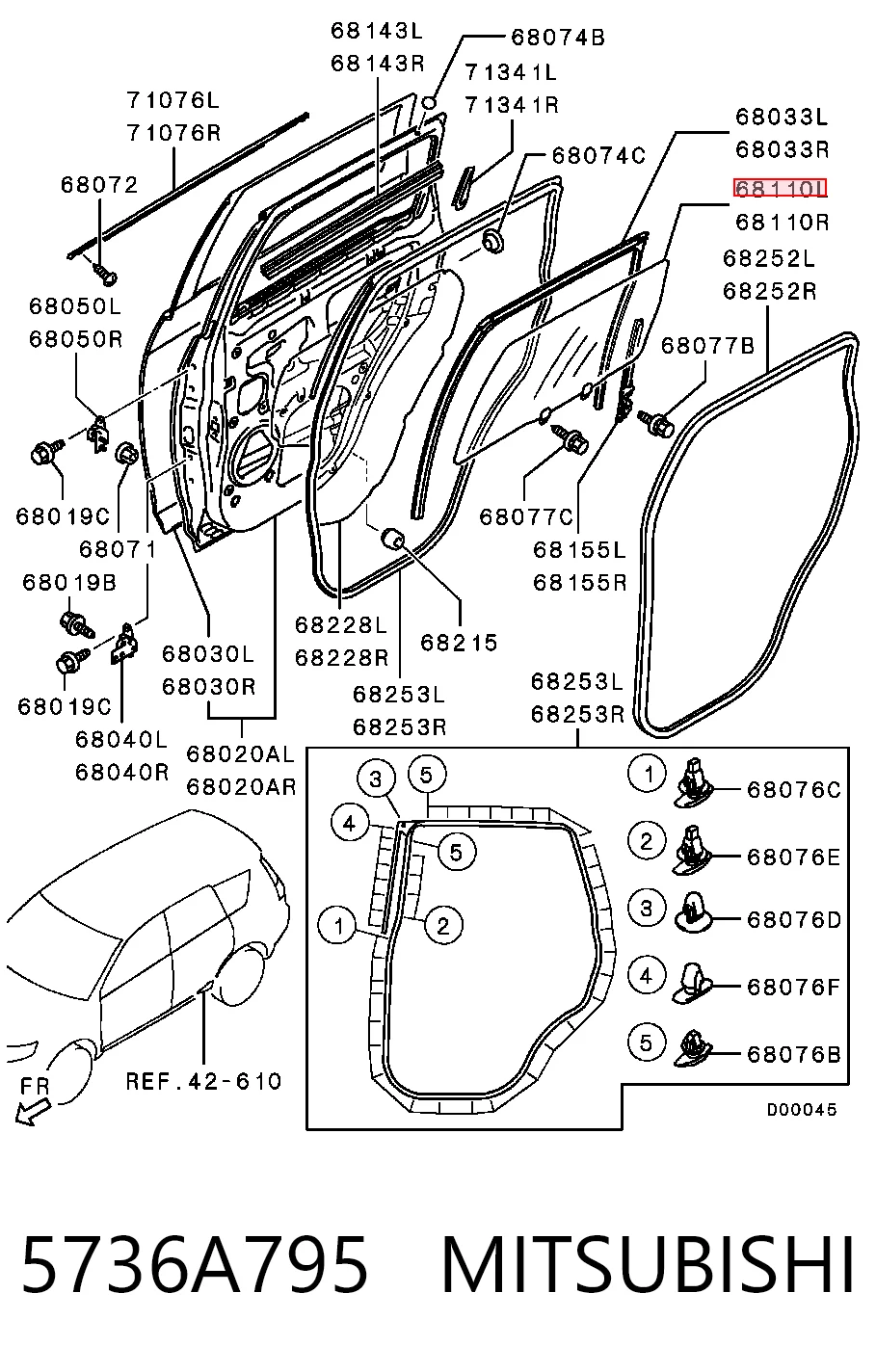 5736A325 Chrysler Скло задніх дверей, лівих