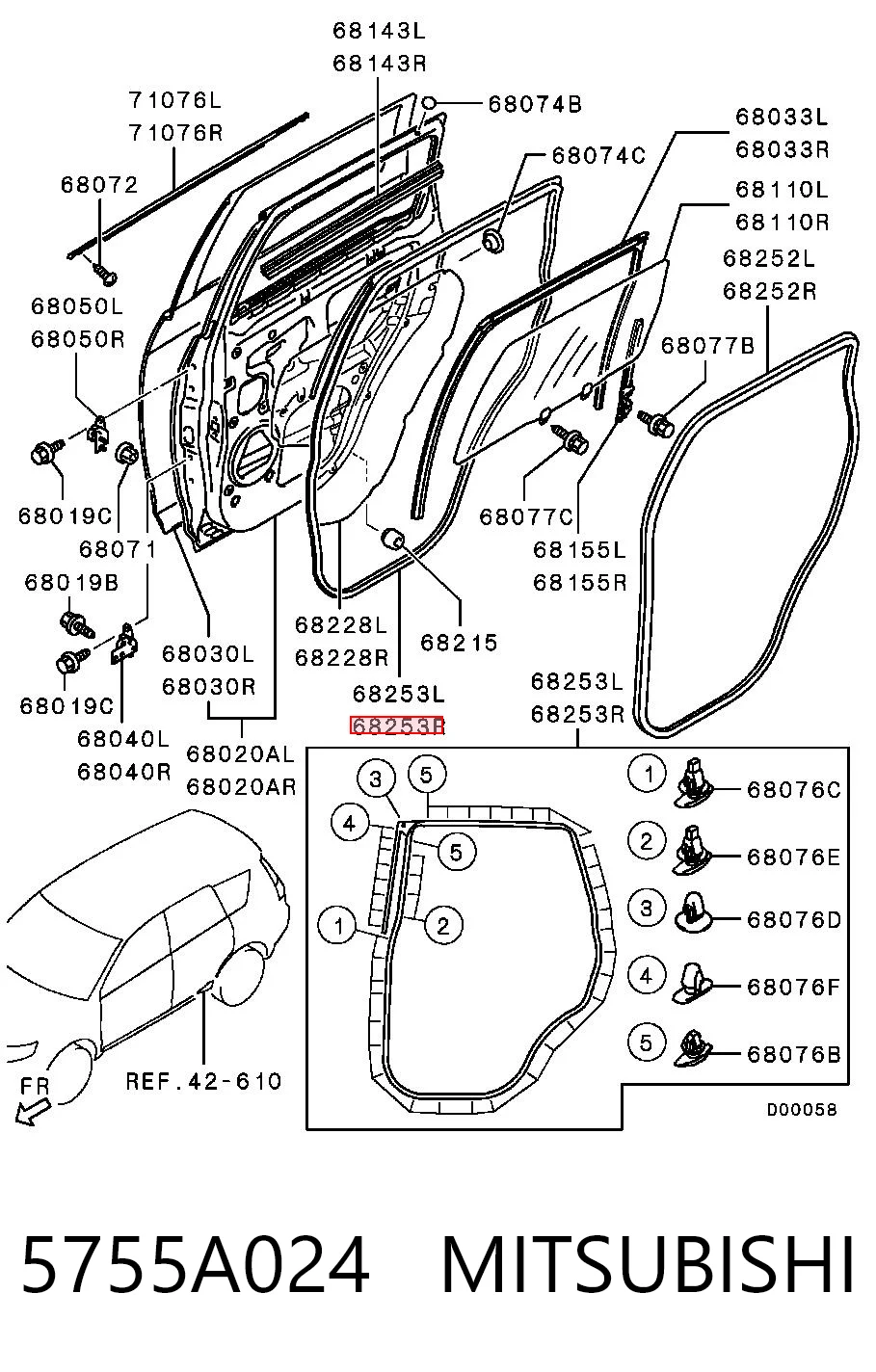 5755A024 Mitsubishi Ущільнювач дверей задніх, правих (на двері)