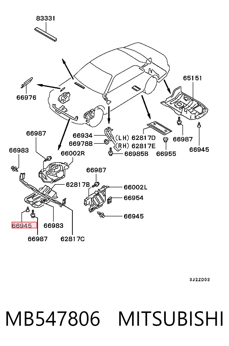 MB547806 Mitsubishi Пістон (кліп) кріплення підкрилки переднього крила