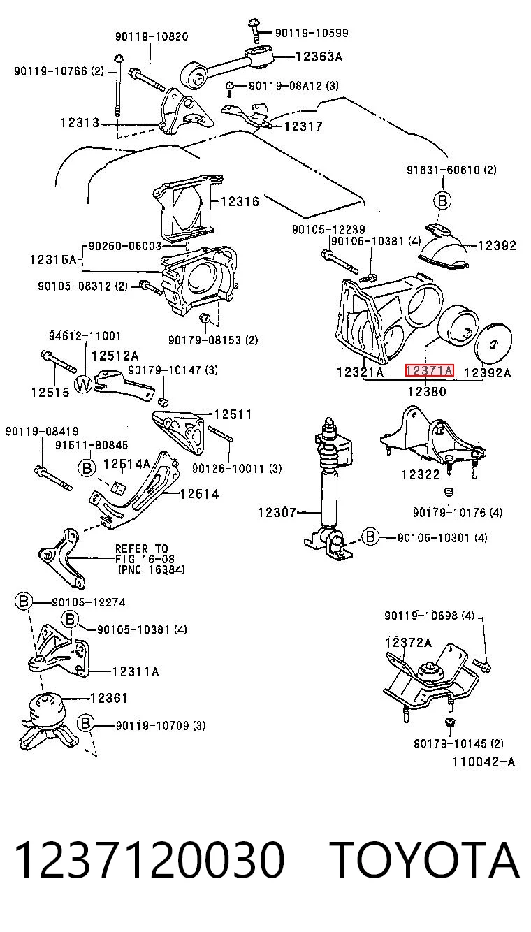 1237120030 Toyota Подушка (опора) двигуна, задня (сайлентблок)