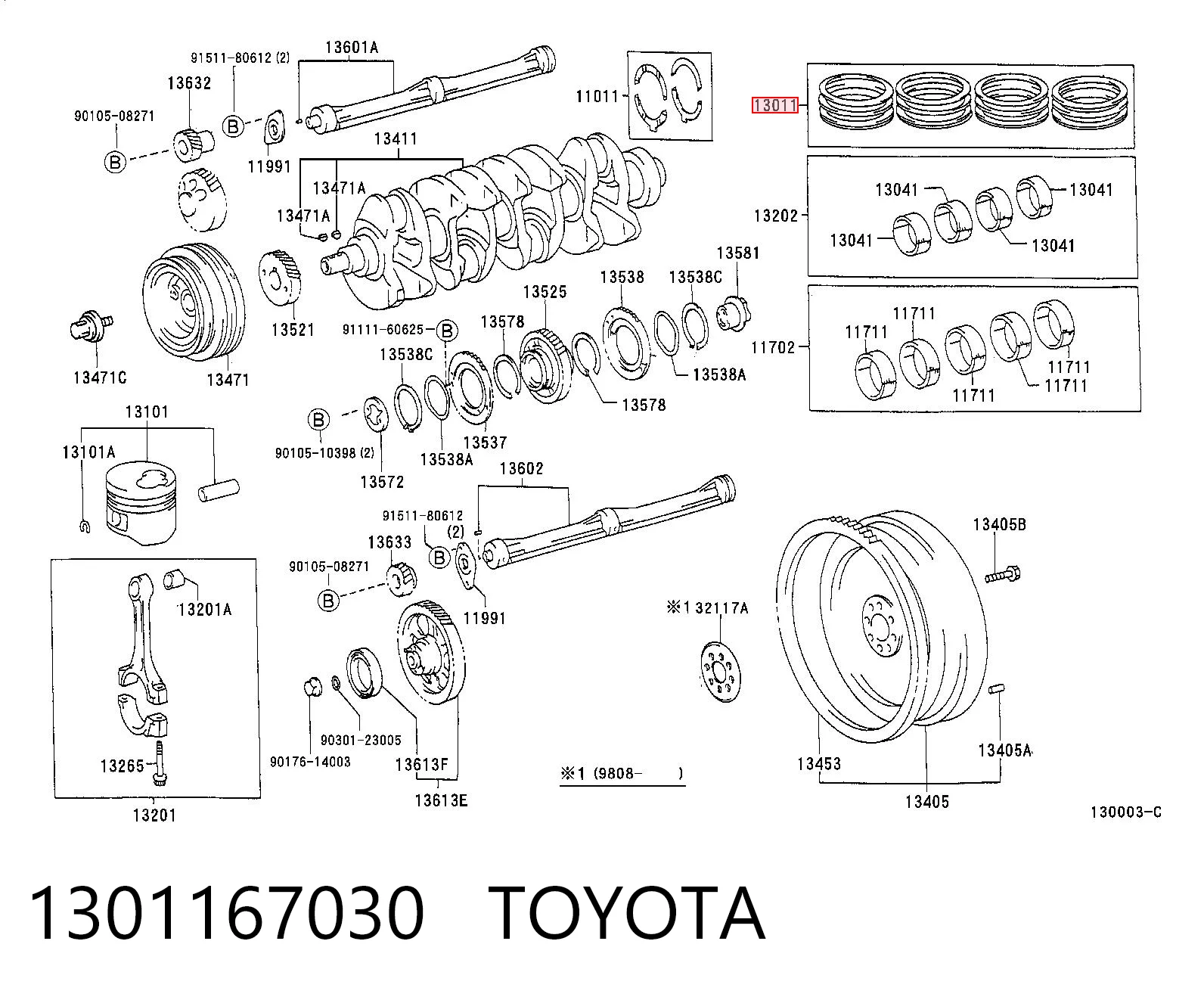 1301167030 Toyota Кільця поршневі комплект на мотор, STD.