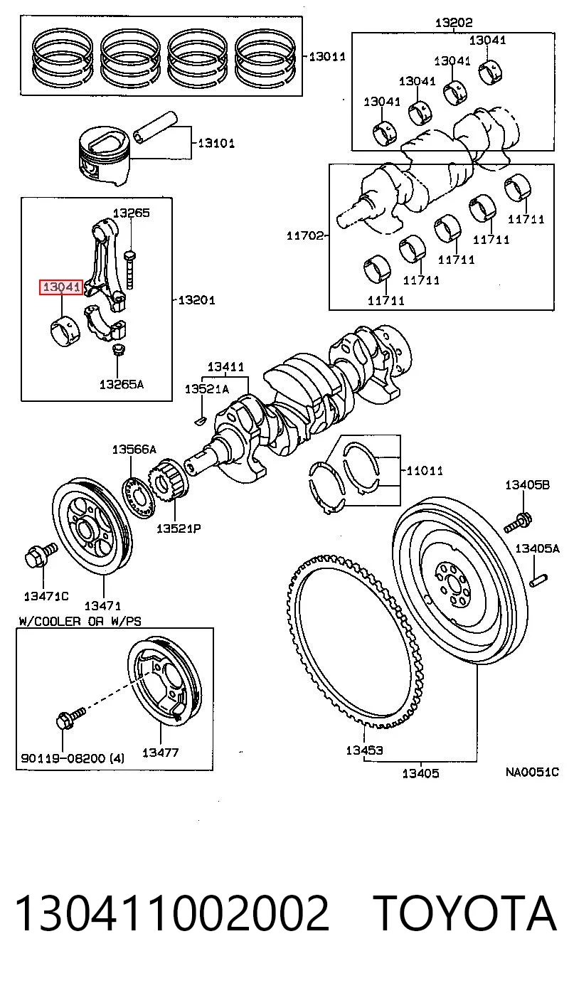 130411002002 Toyota Вкладиші коленвала, шатунні, комплект, 2-й ремонт (+0,50)