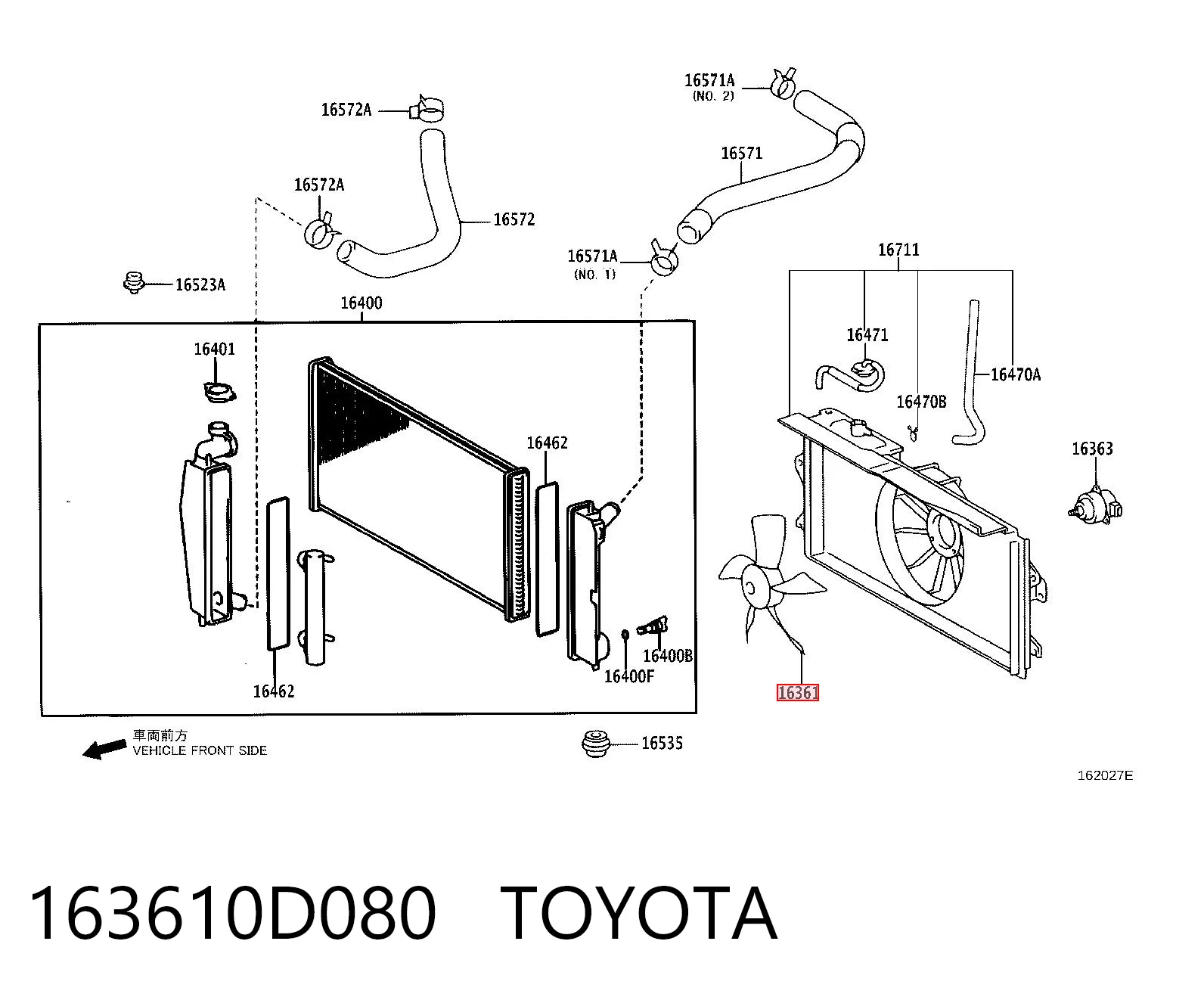 163610D080 Toyota Вентилятор радіатора охолодження, лівий