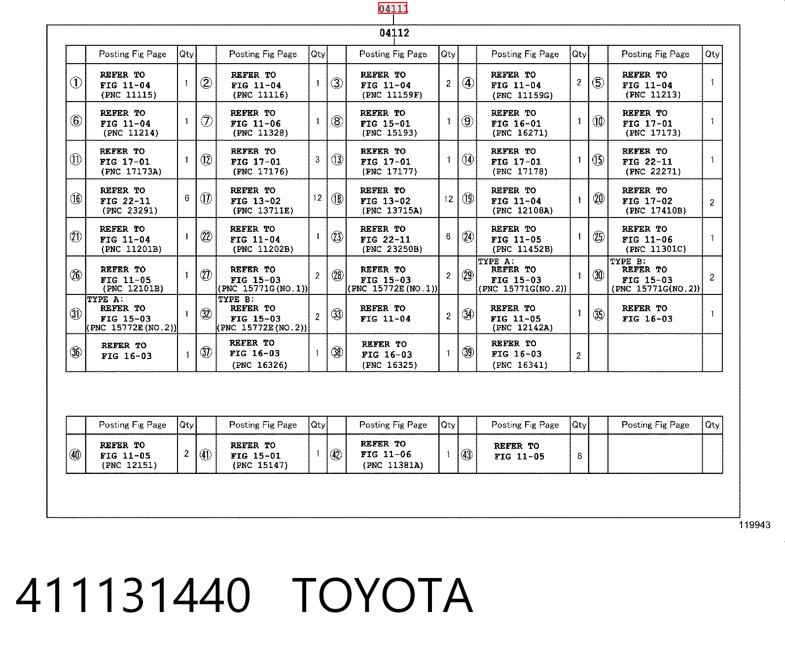 411131440 Toyota Набір прокладок двигуна