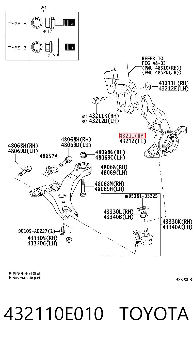 432110E010 Toyota Цапфа - поворотний кулак передній, правий