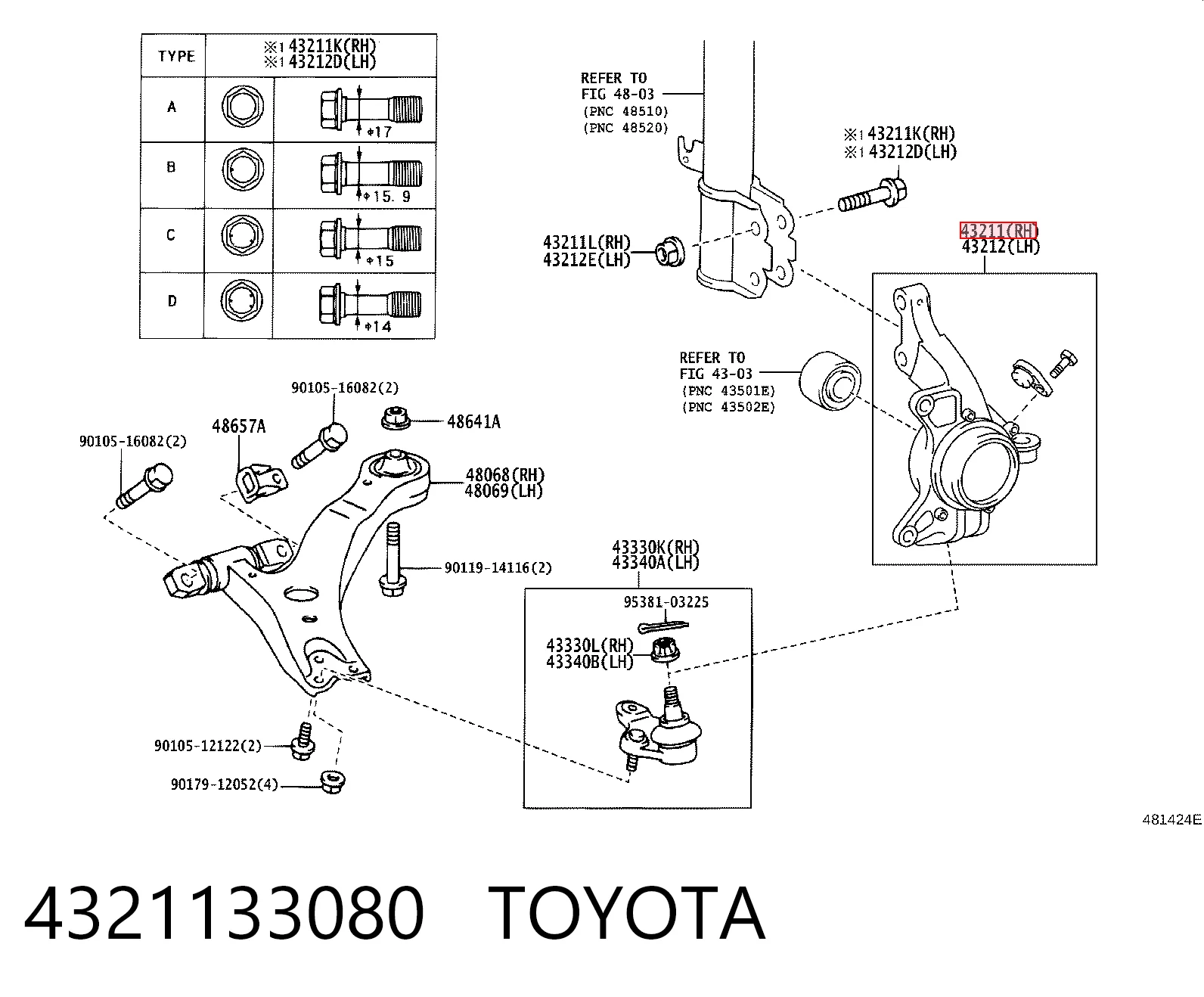 4321133080 Toyota Цапфа - поворотний кулак передній, правий