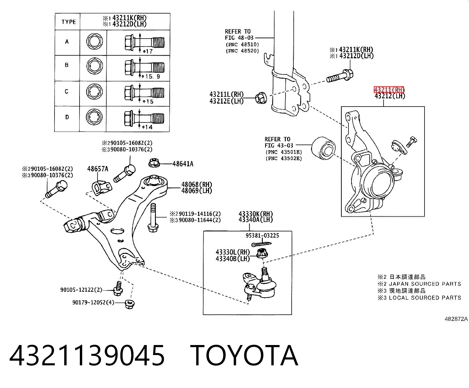 4321139045 Toyota Цапфа поворотна права