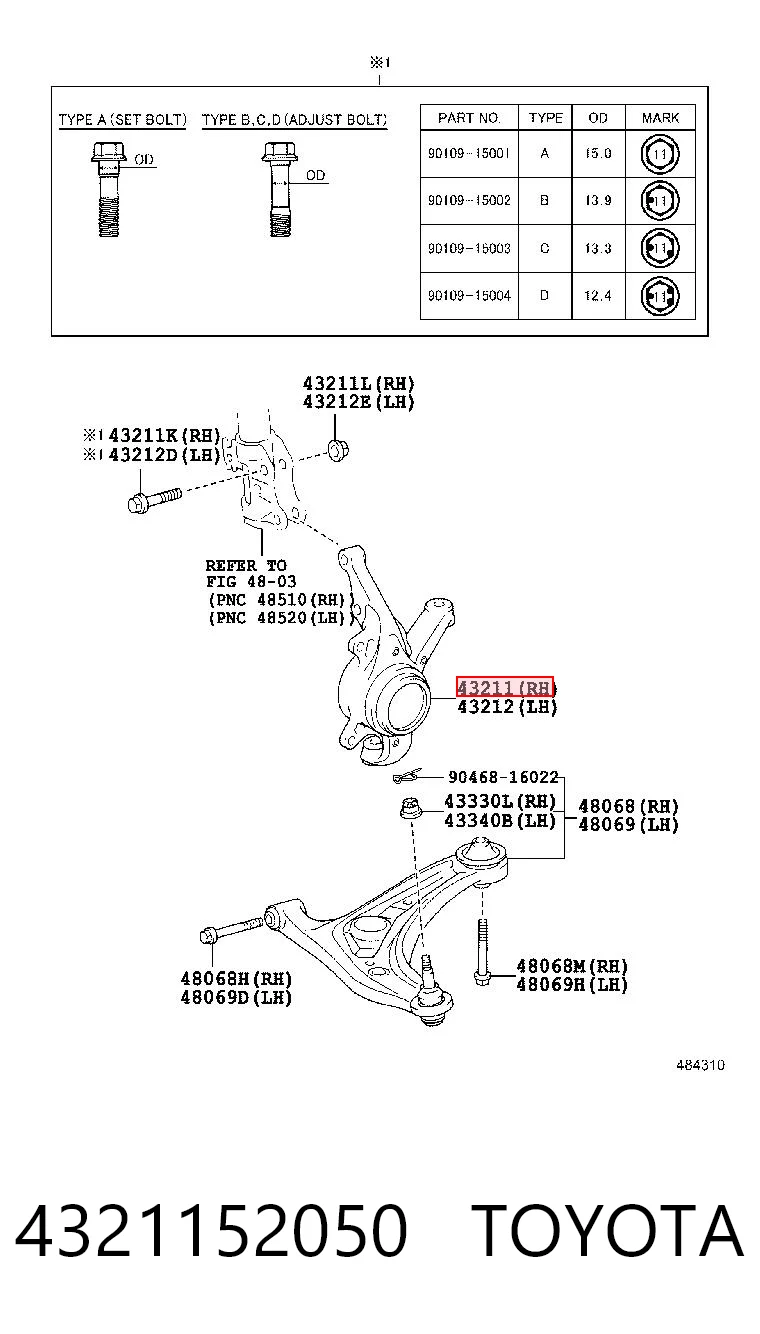 4321152050 Toyota Цапфа - поворотний кулак передній, правий