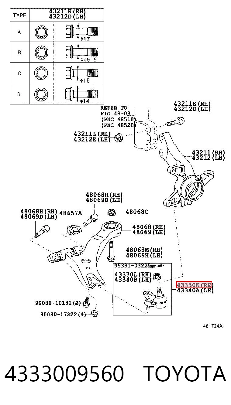 4333009560 Toyota Кульова опора, нижня, права