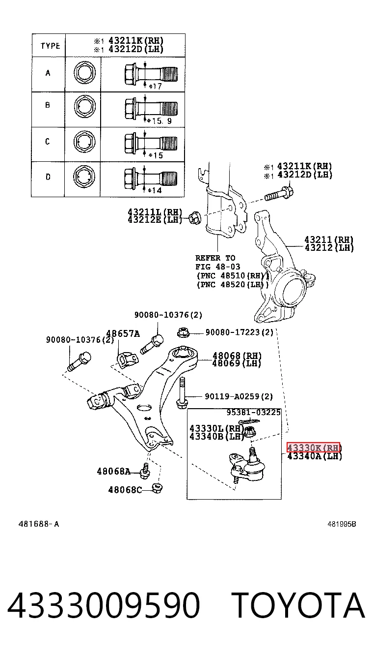 4333009590 Toyota Кульова опора, нижня, права