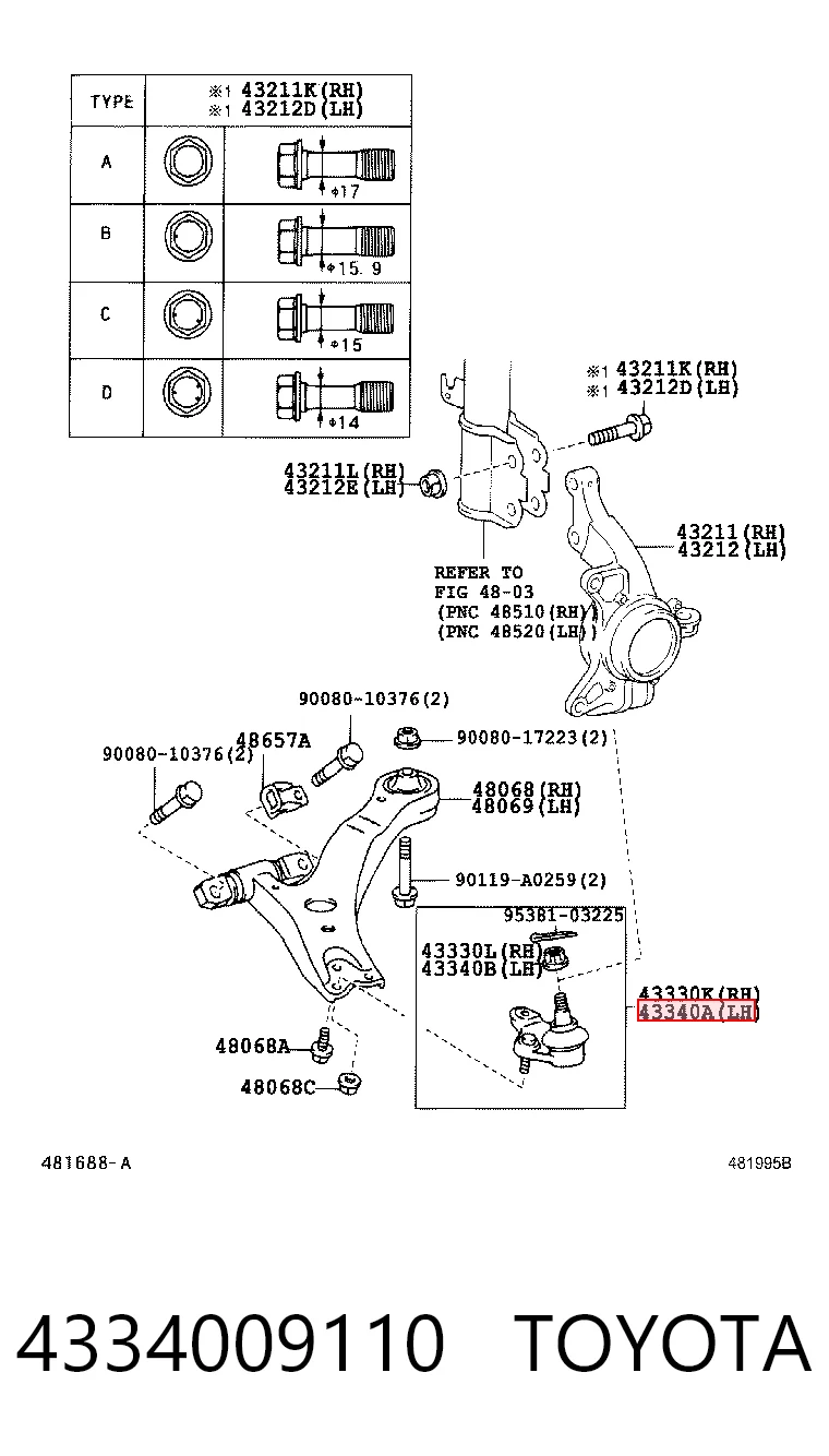 4334009110 Toyota Кульова опора, нижня, ліва