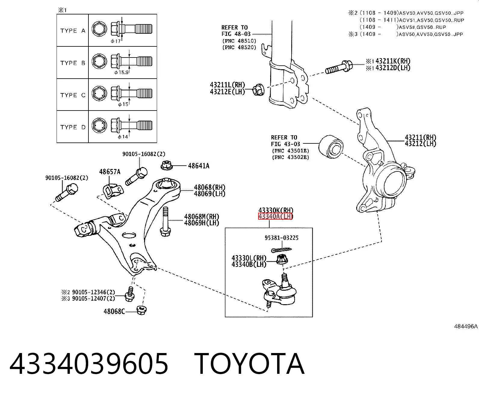 4334039605 Toyota Кульова опора, нижня, ліва