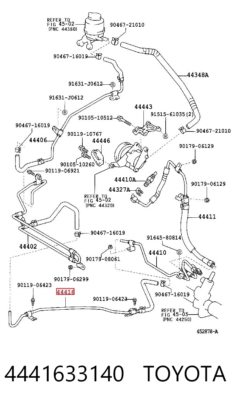 4441633140 Toyota Шланг ГПК, низького тиску, від рейки/механізму до радіатора
