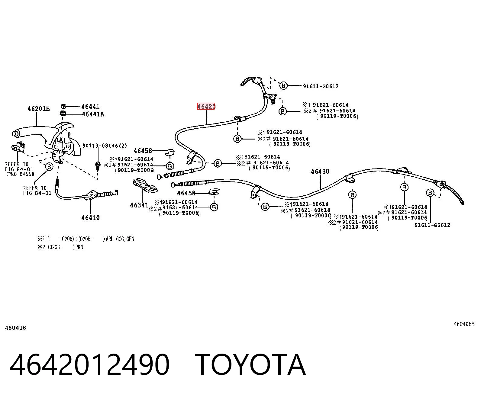 4642012490 Toyota Трос ручного гальма задній, правий