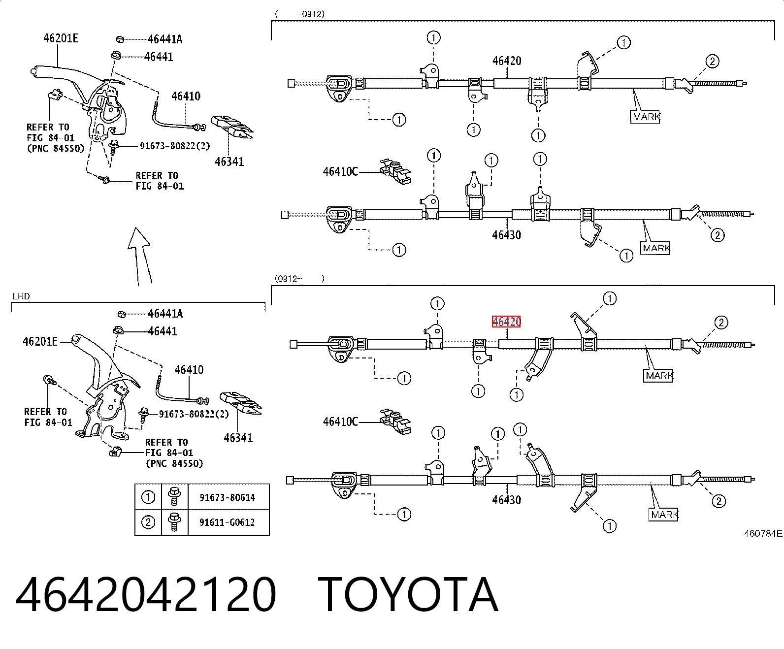4642042120 Toyota Трос ручного гальма задній, правий