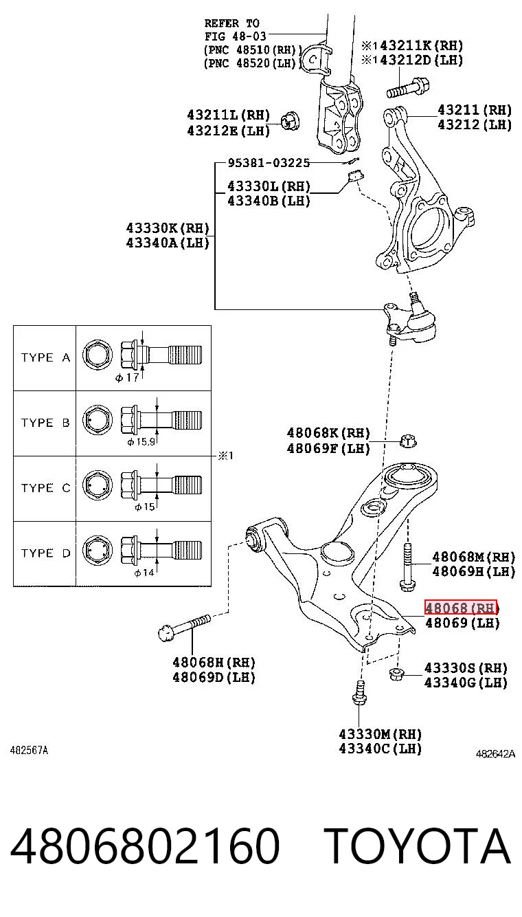 4806802160 Toyota Важіль передньої підвіски нижній, правий