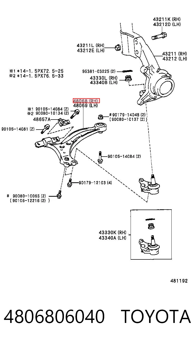 4806806040 Toyota Важіль передньої підвіски нижній, правий