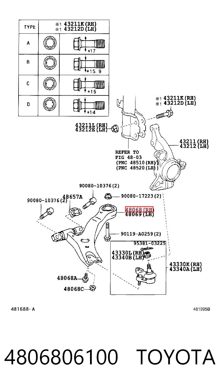4806806100 Toyota Важіль передньої підвіски нижній, правий