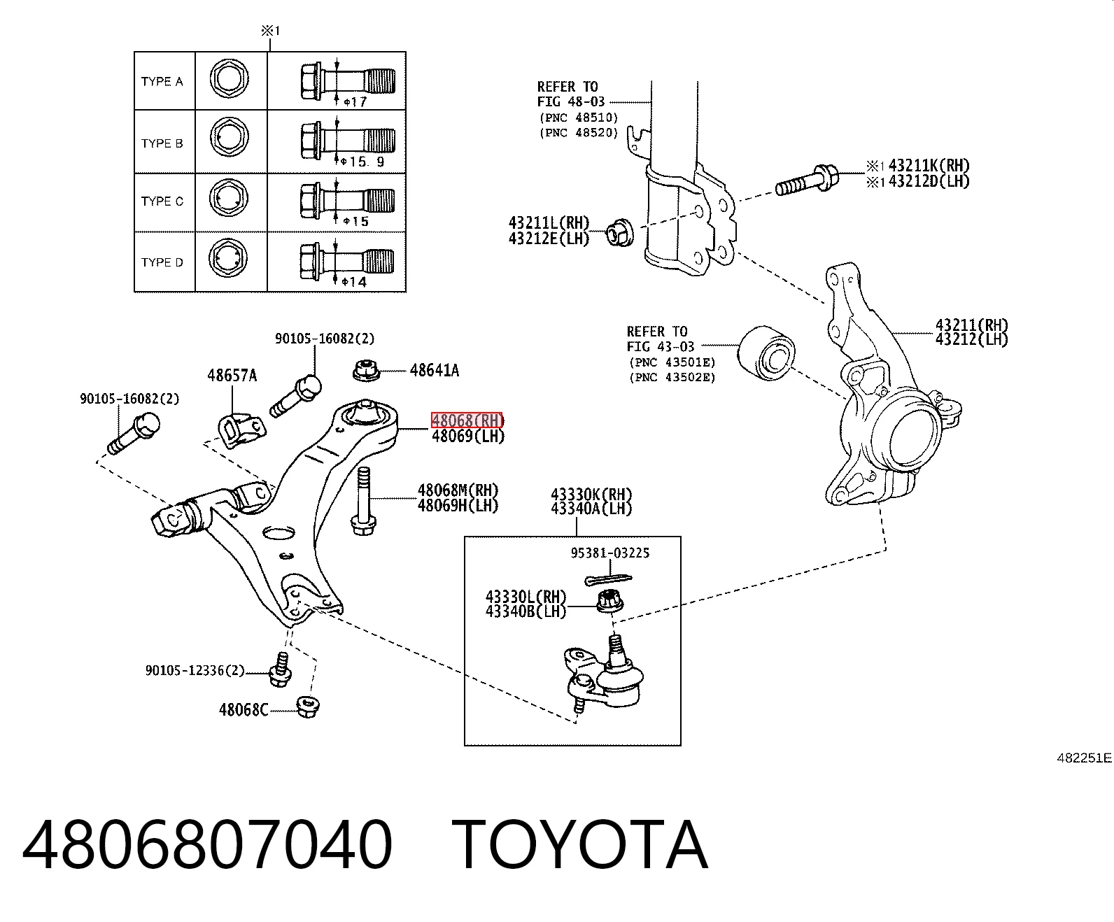 4806807040 Toyota Важіль передньої підвіски нижній, правий