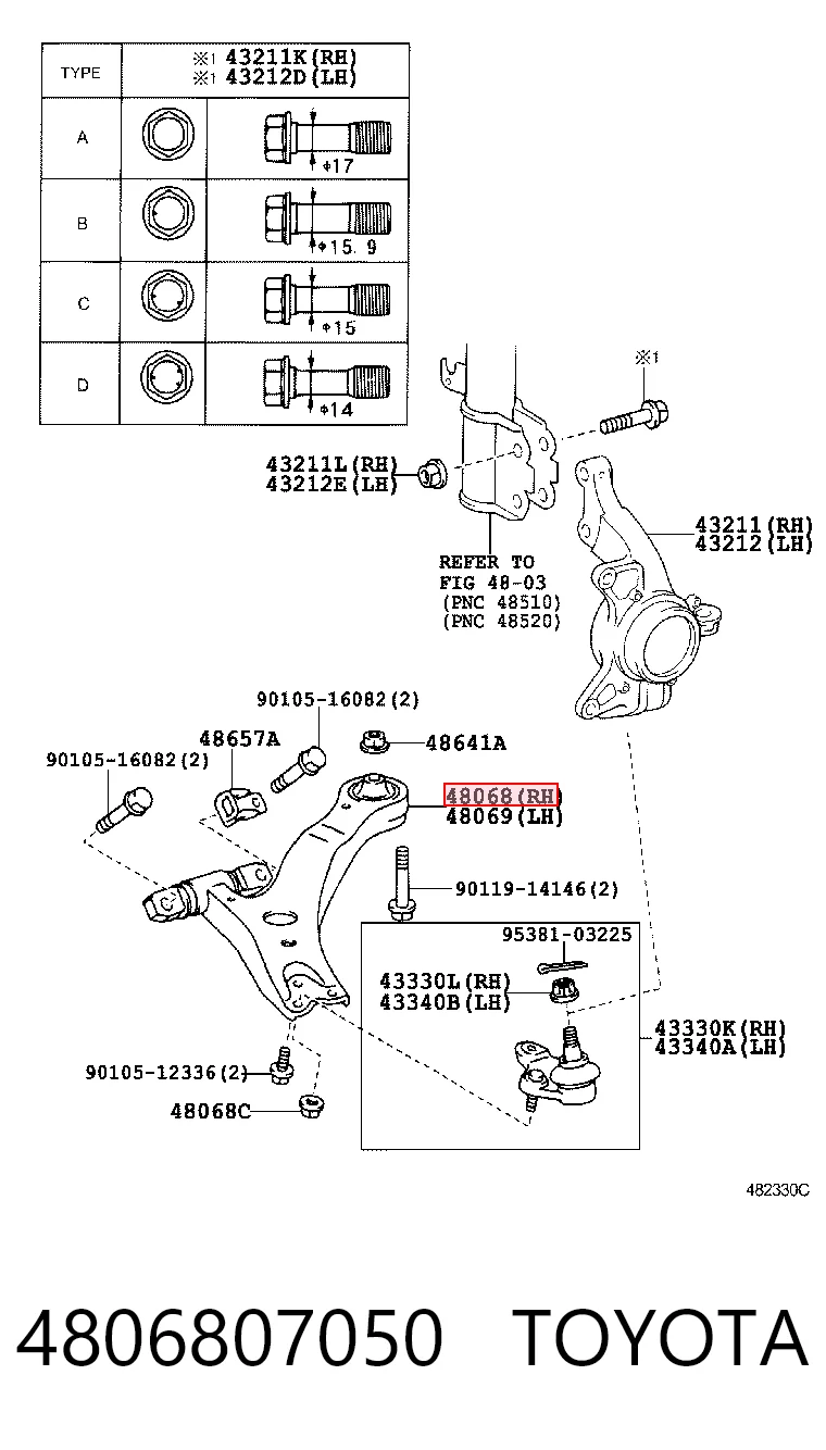 4806807050 Toyota Важіль передньої підвіски нижній, правий
