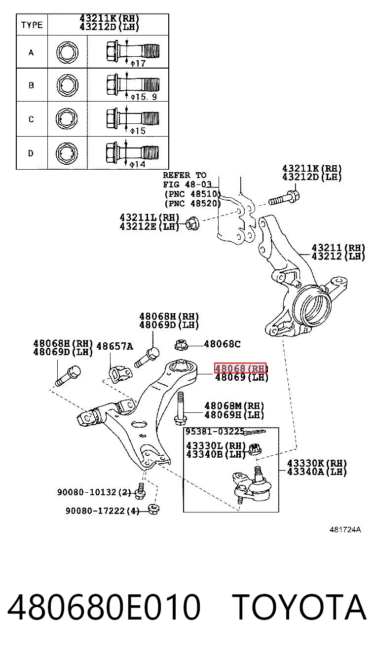 480680E010 Toyota Важіль передньої підвіски нижній, правий
