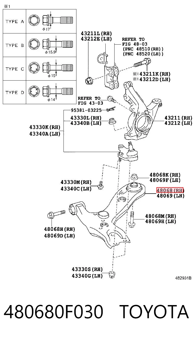 480680F030 Toyota Важіль передньої підвіски нижній, правий