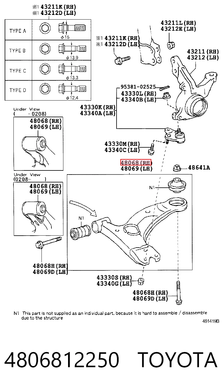 4806812250 Toyota Важіль передньої підвіски нижній, правий